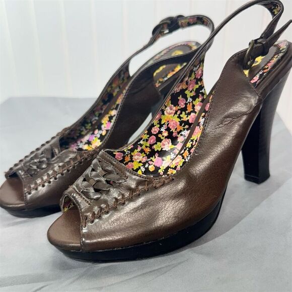 BONGO Brown Peep Toe Slingback Heels Sz 6 | Y2K Floral Lining Retro Platform - Picture 7 of 9